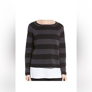 Eileen Fisher Silk Organic Cotton Blend Striped Crew Crop Pullover Sweater SzS